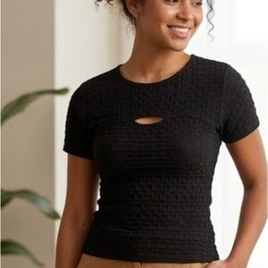 chic 2 chic Black Textured Square-Pattern Short Sleeve Top with keyhole -12